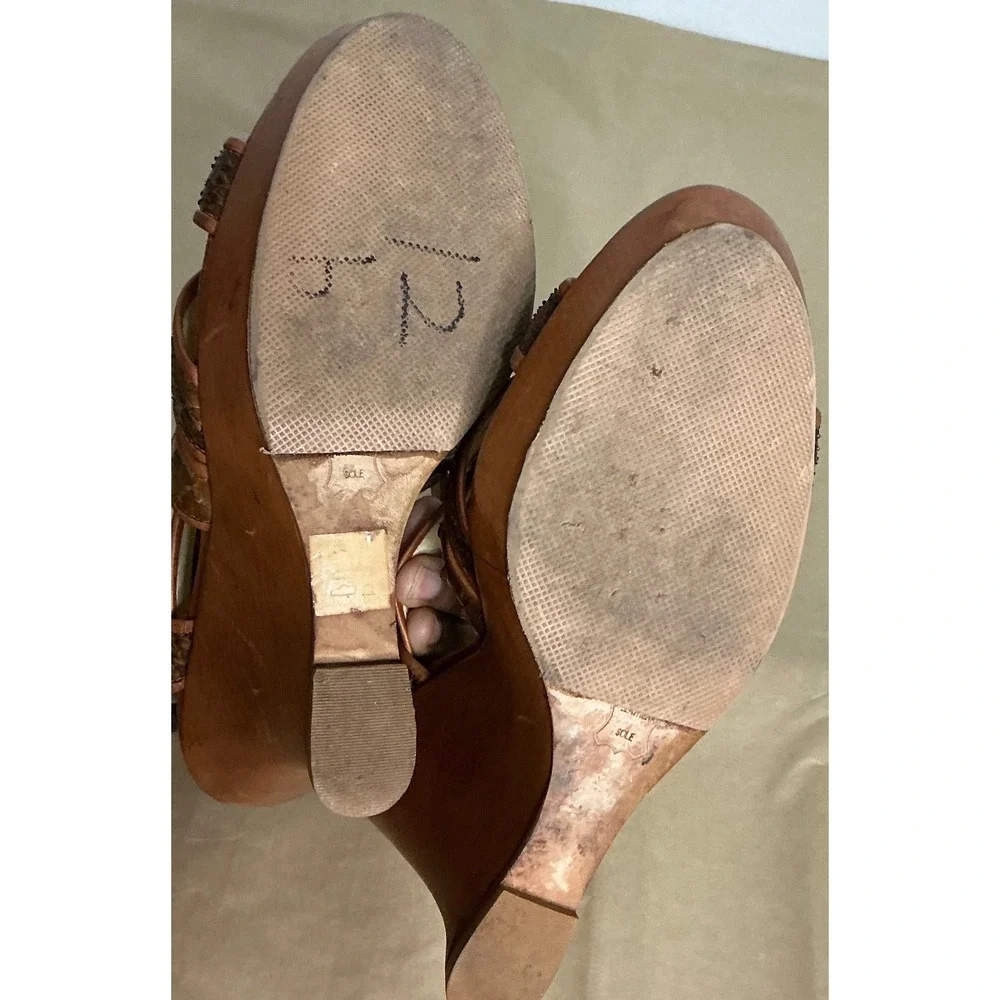 Alexandre‎ Birman Snakeskin Strappy Wedge Sandals Brown Leather Heels